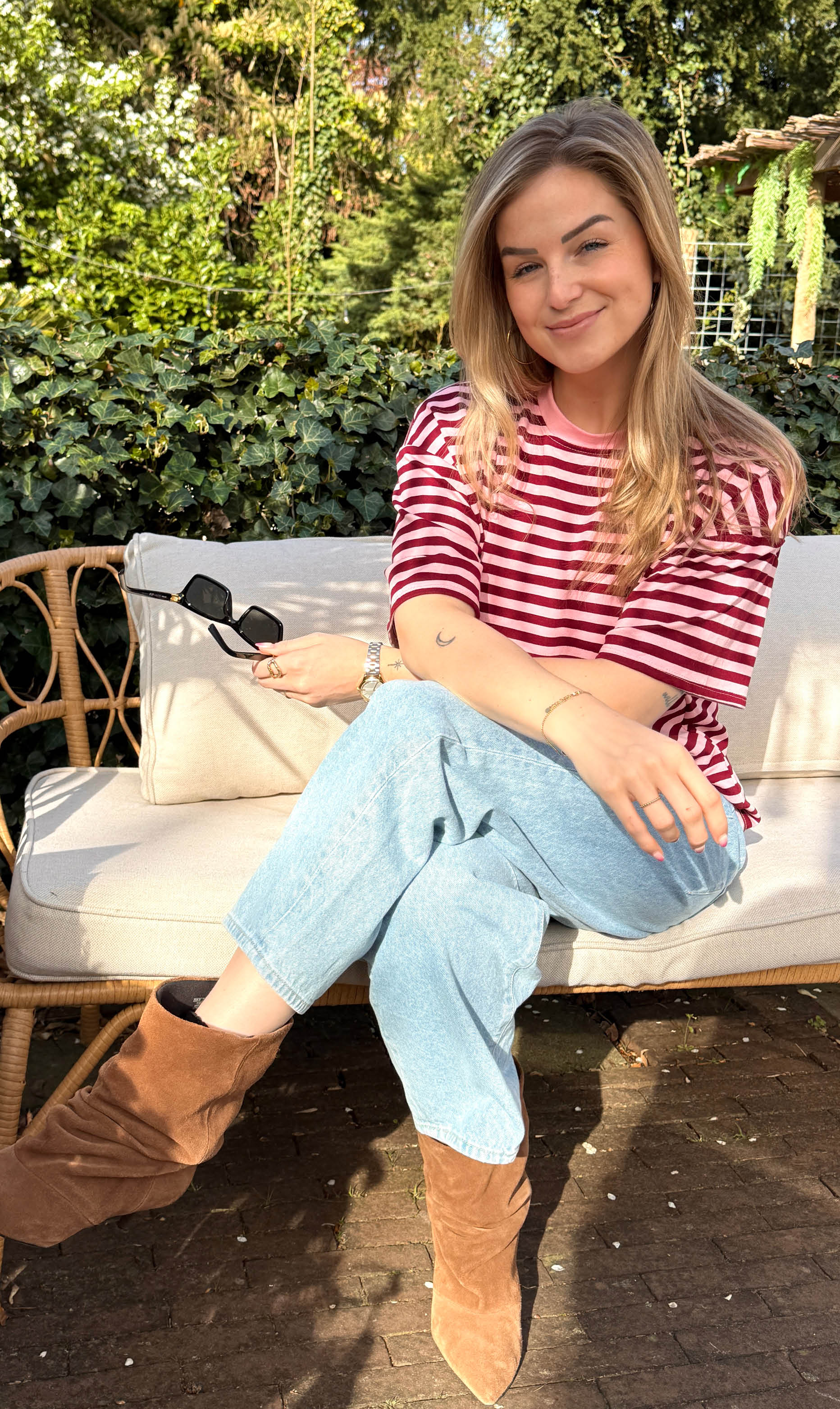 Streep shirt sylvie korte mouw bordeaux/roze