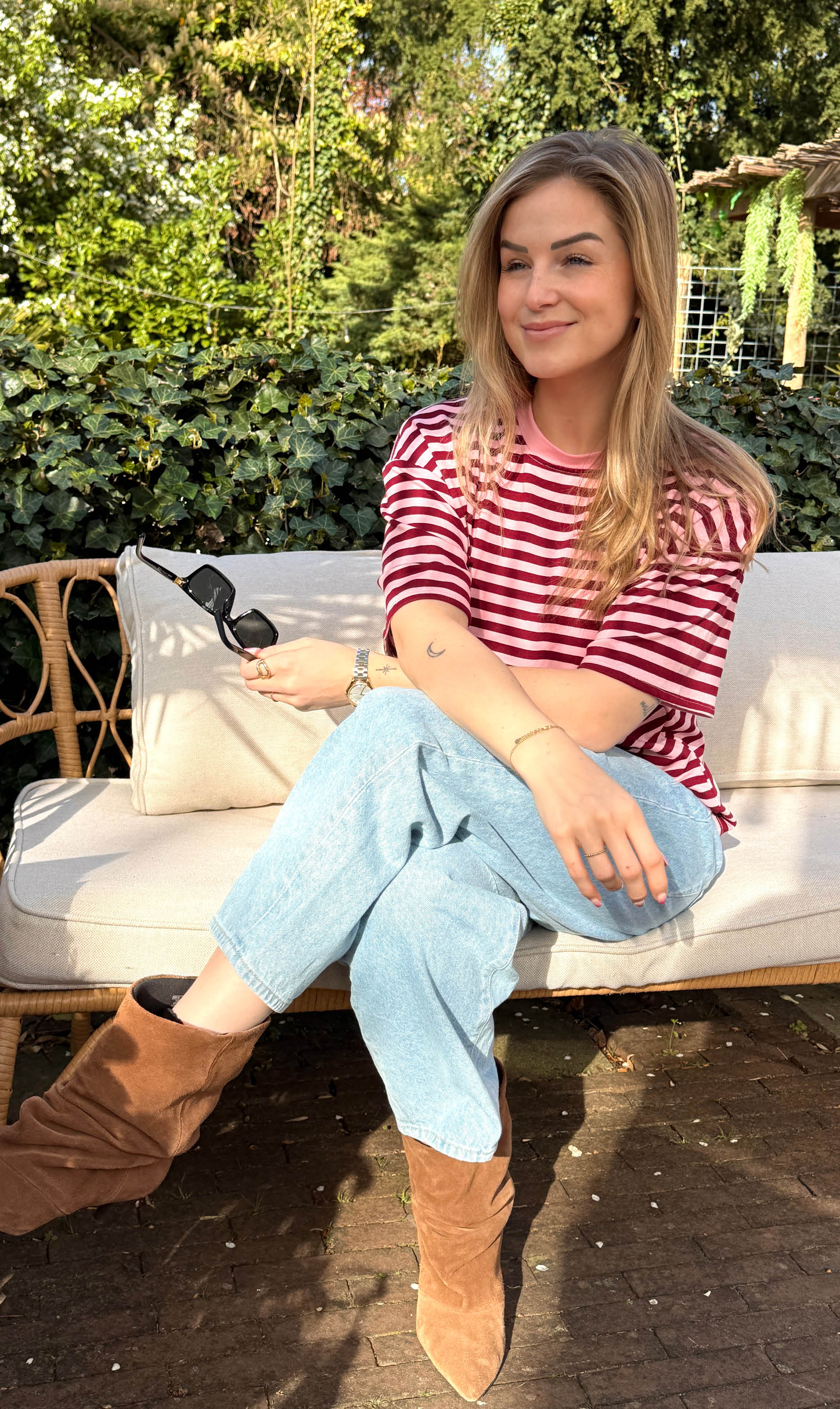 Streep shirt sylvie korte mouw bordeaux/roze