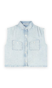 Homage Sleeveless Denim Blouse With Pleats