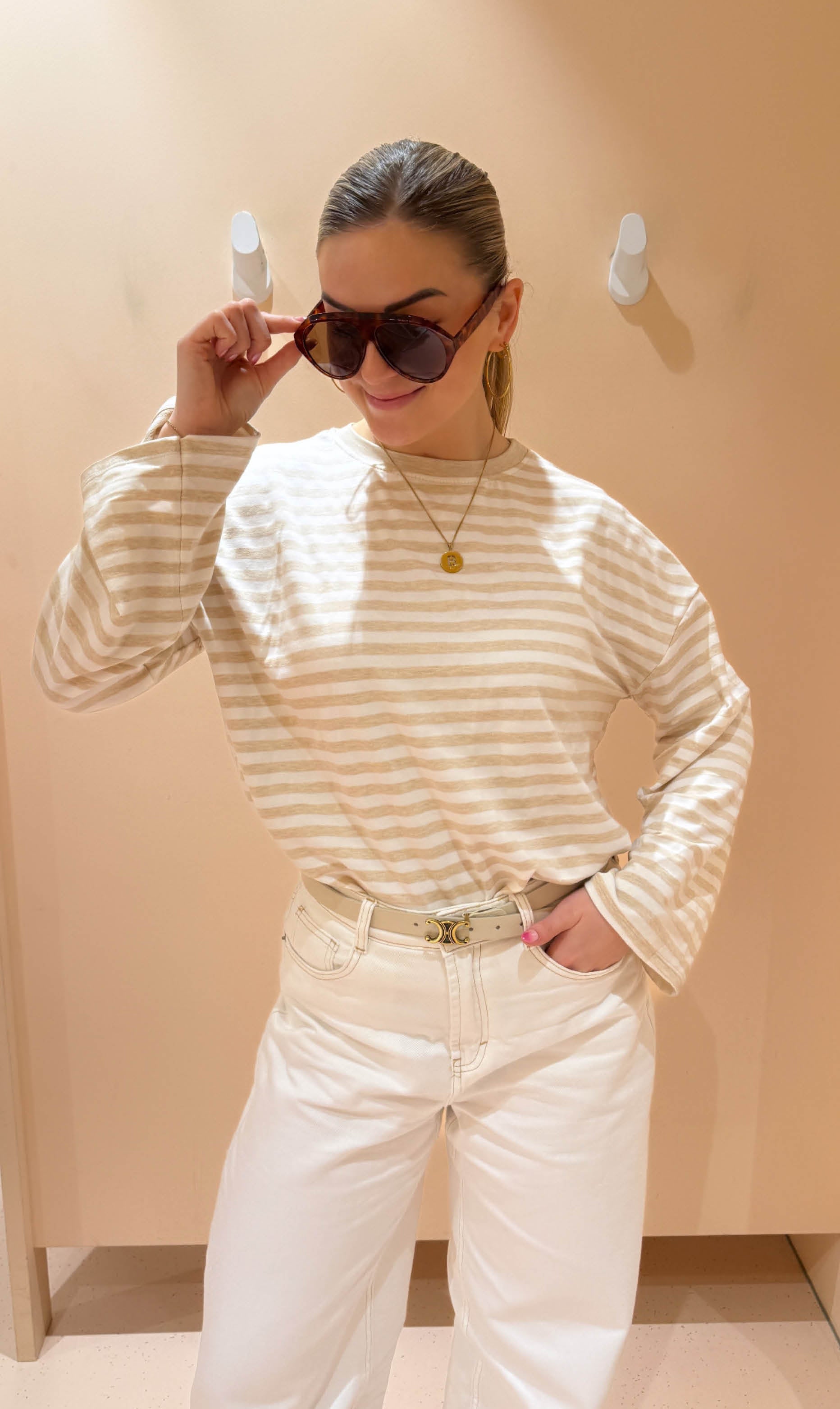 Streep shirt sylvie lange mouw beige