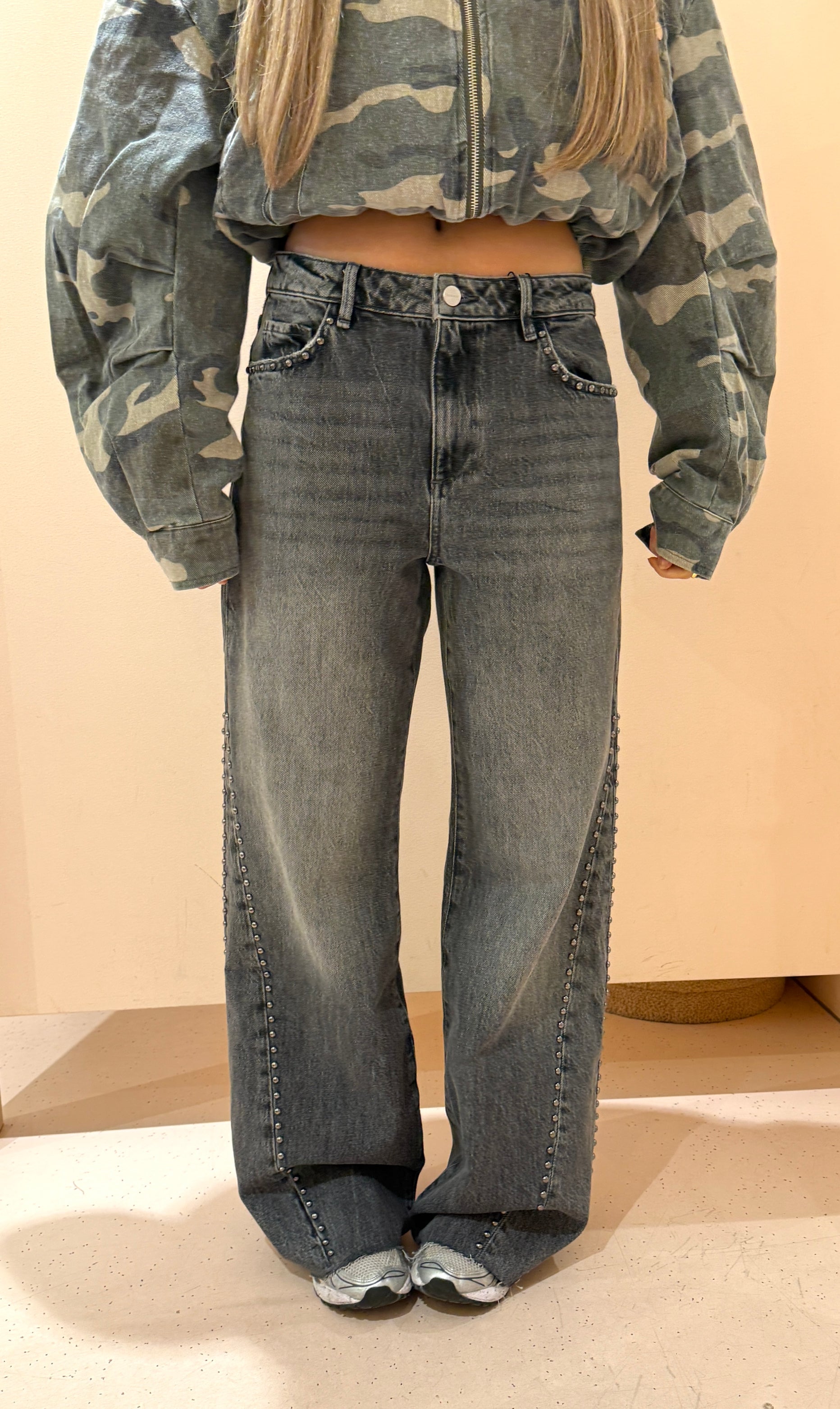 Homage mid waist straight leg jeans with studs