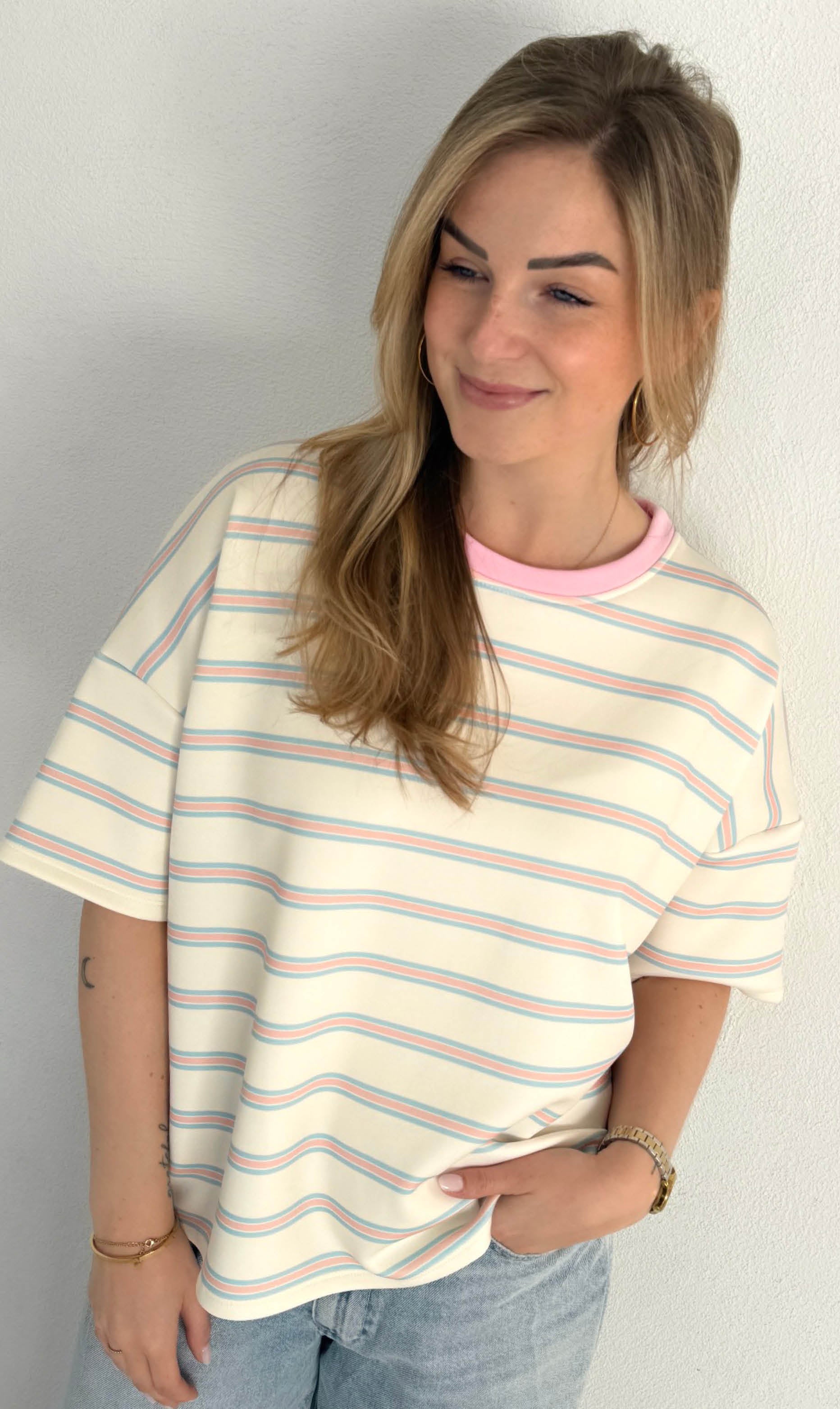 Dani streep shirt korte mouw roze