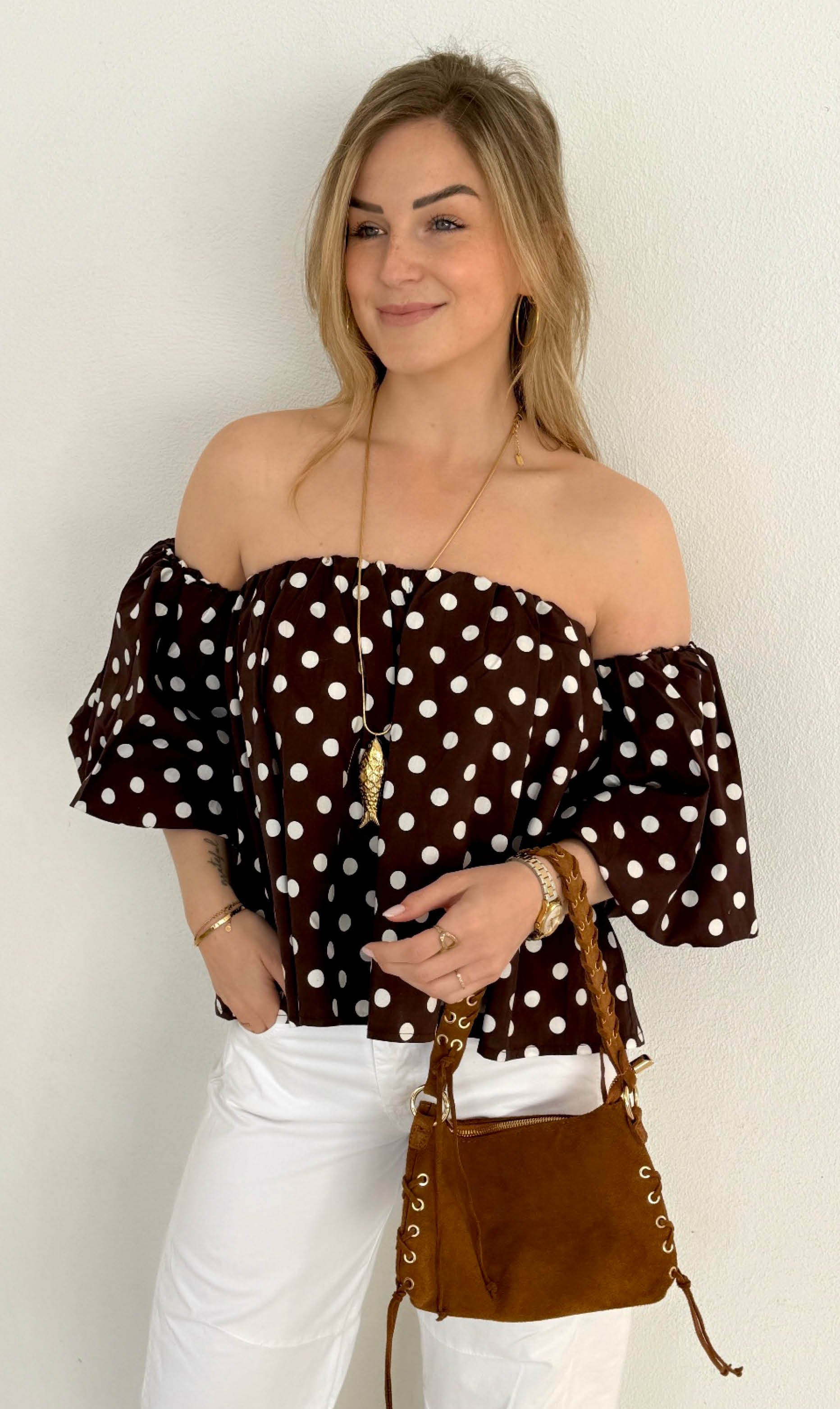 Amy offshoulder stippen top bruin