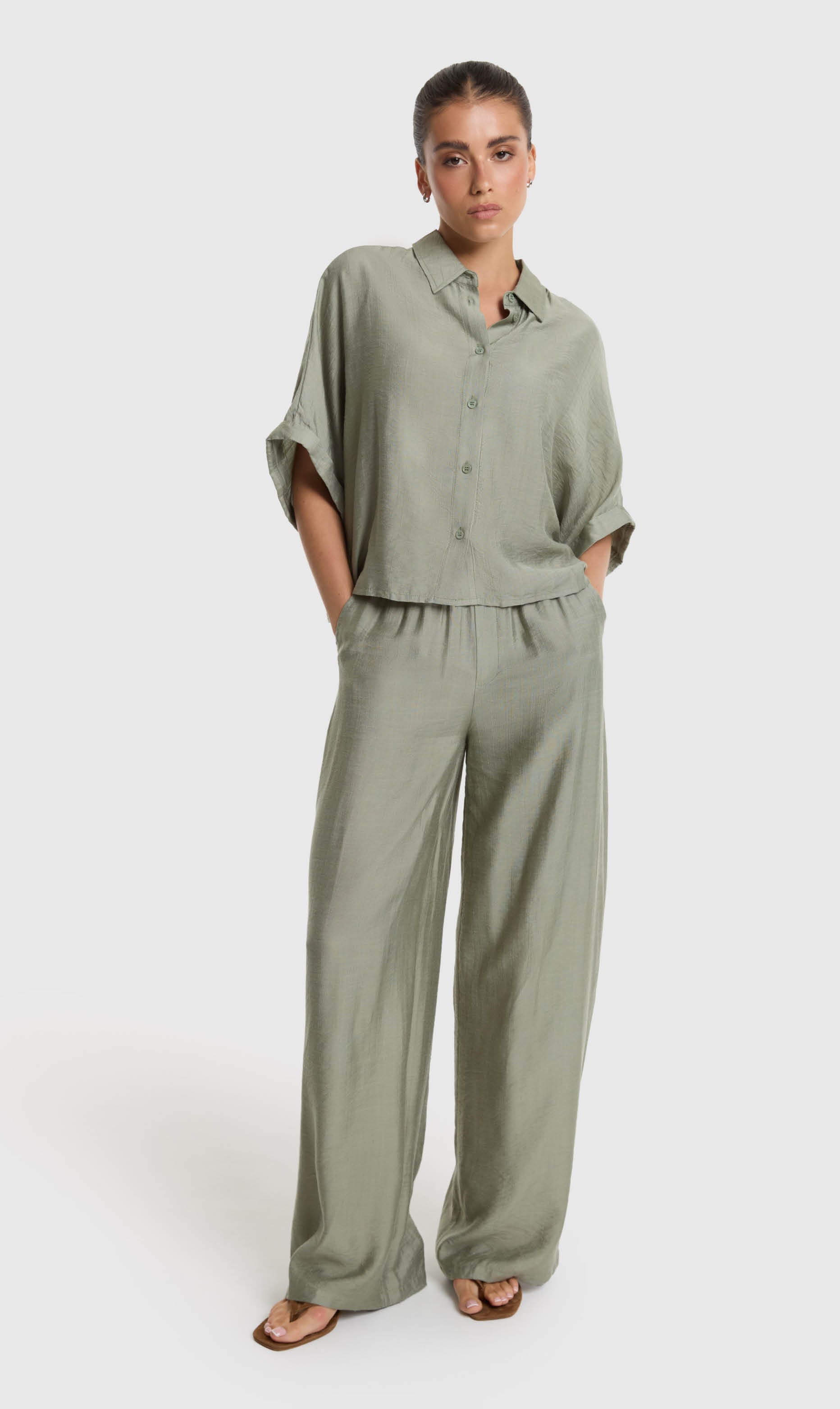 Alix ladies woven irregular wide leg pants army