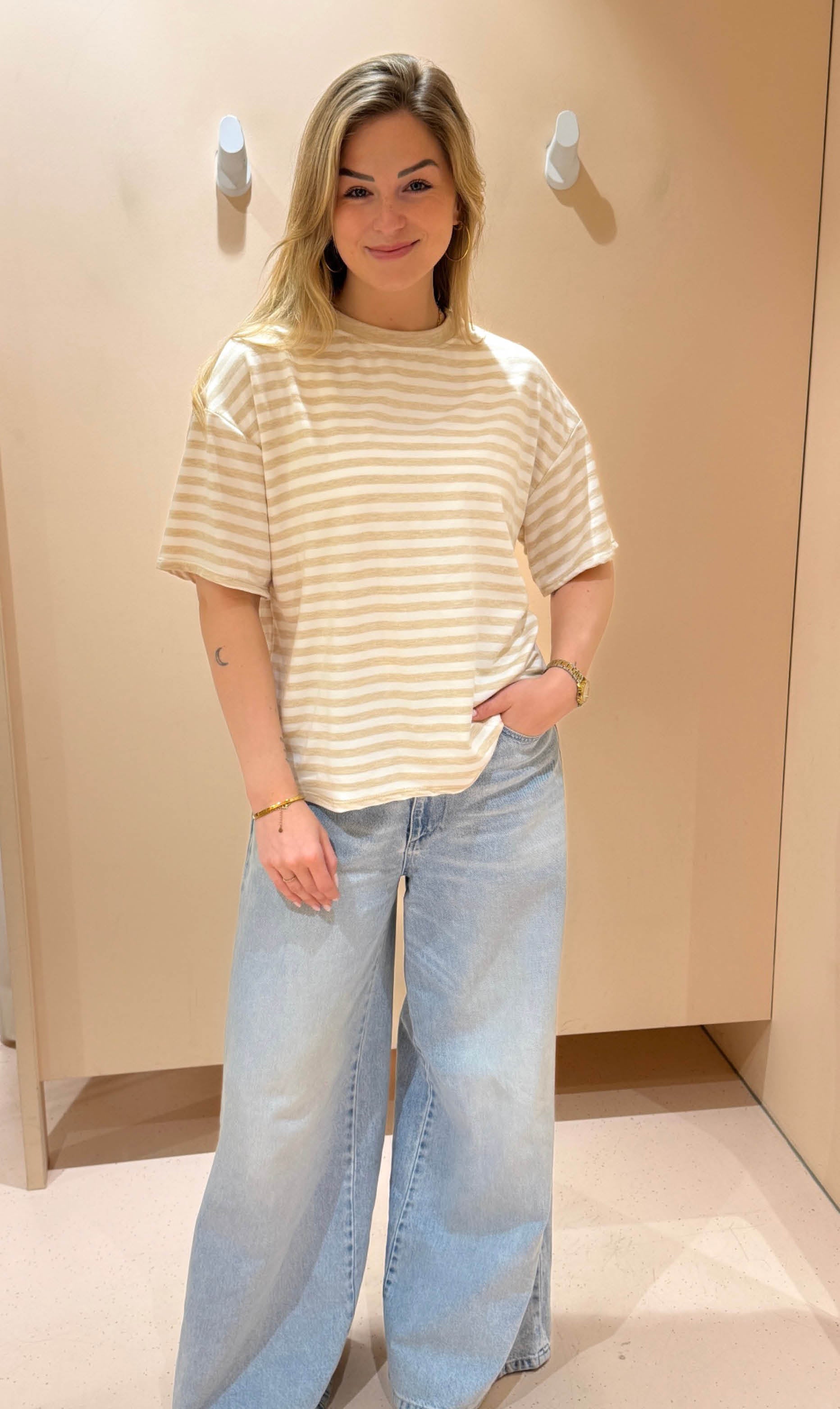 Streep shirt sylvie korte mouw beige