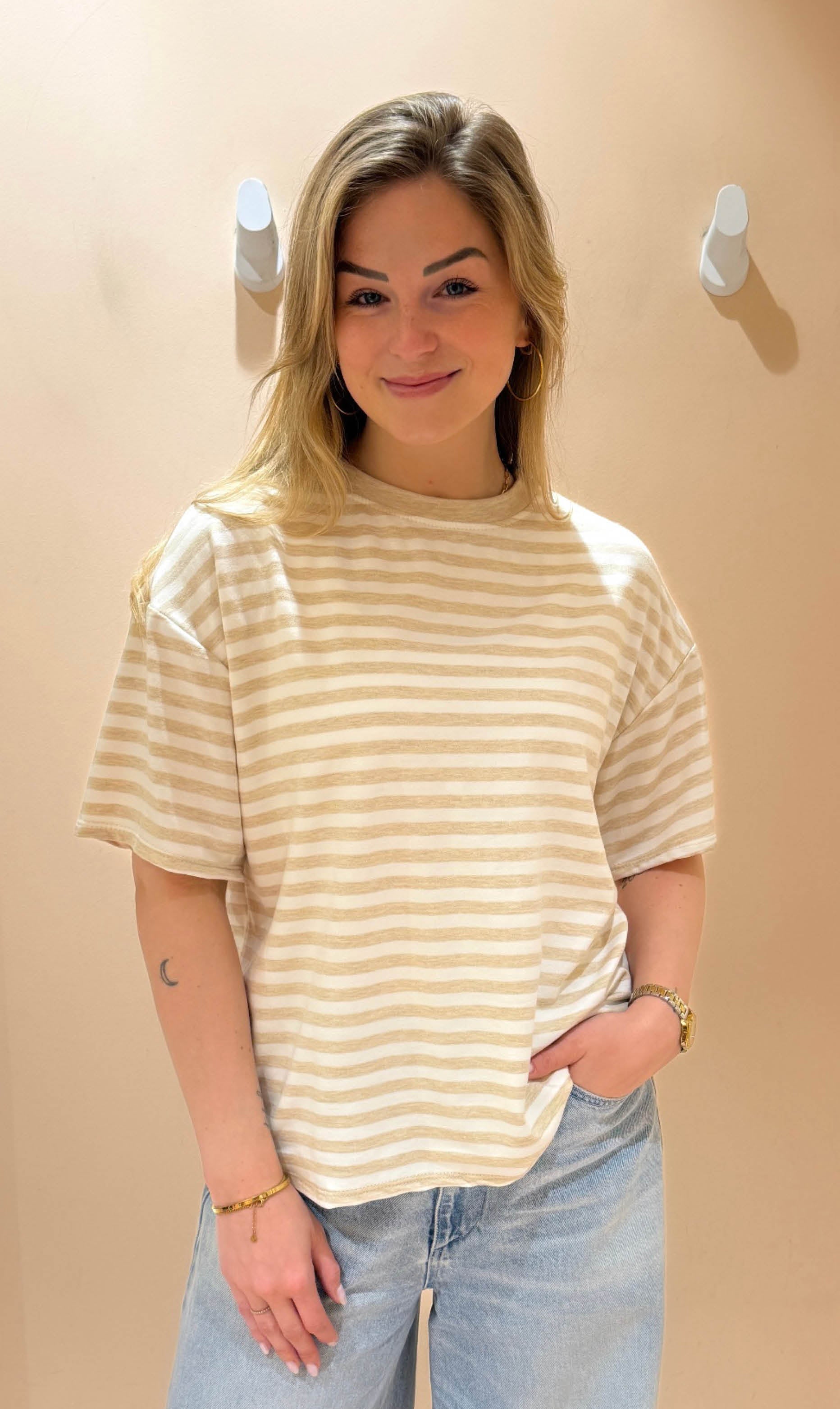 Streep shirt sylvie korte mouw beige