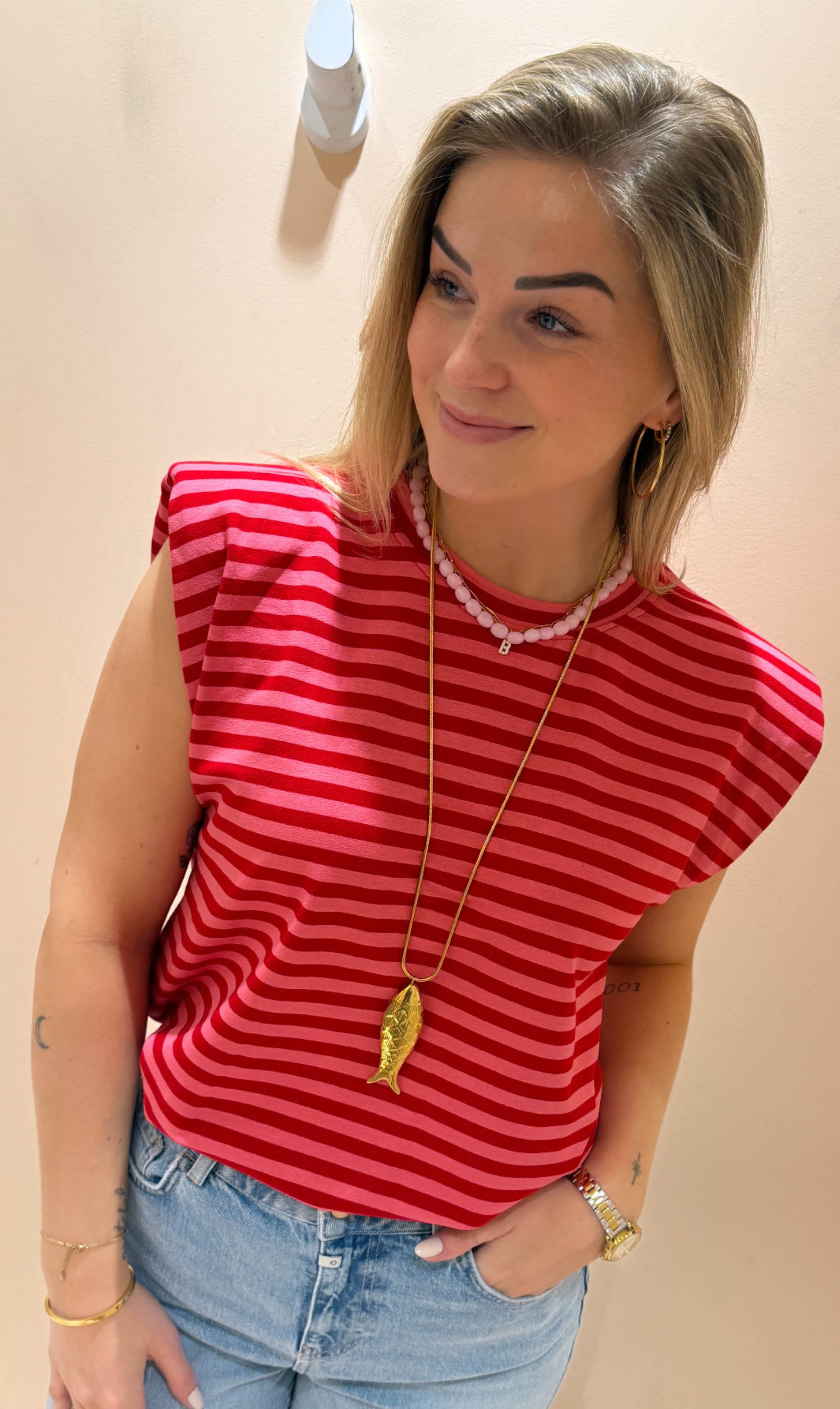 Streep top sylvie rood/roze