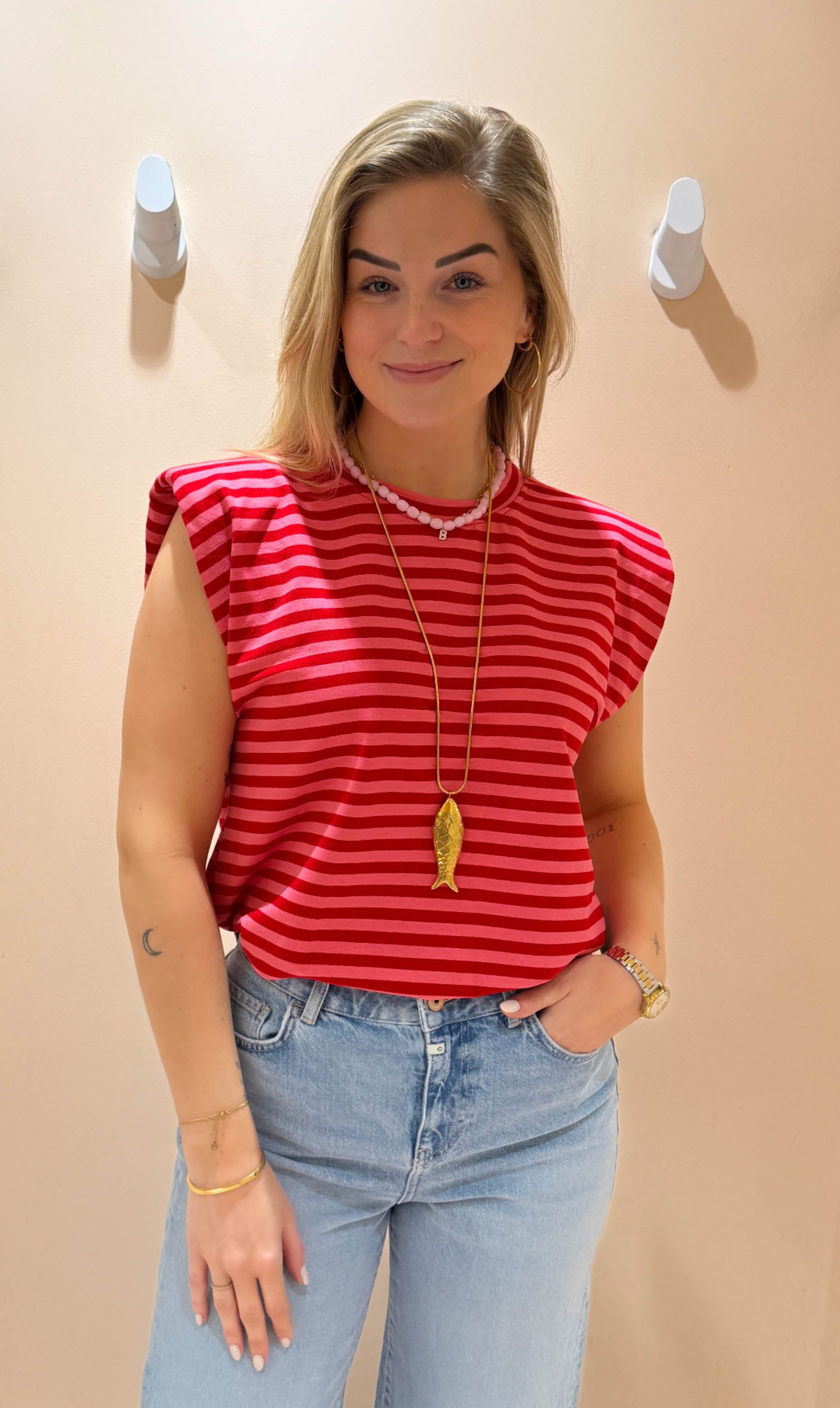 Streep top sylvie rood/roze