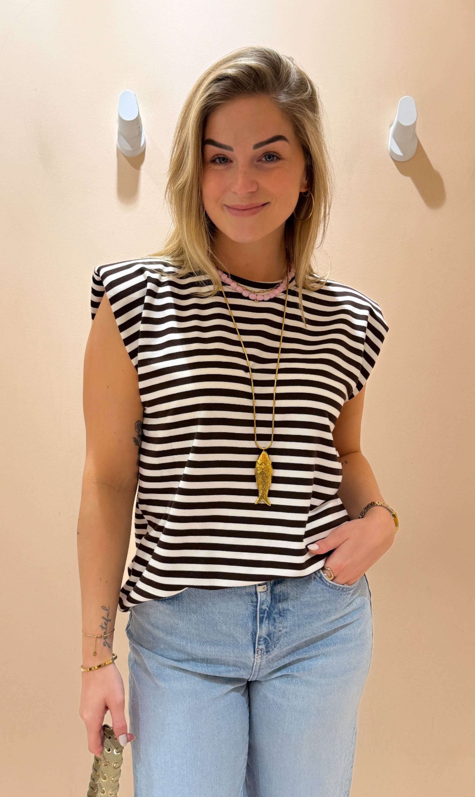 Streep top sylvie bruin/wit