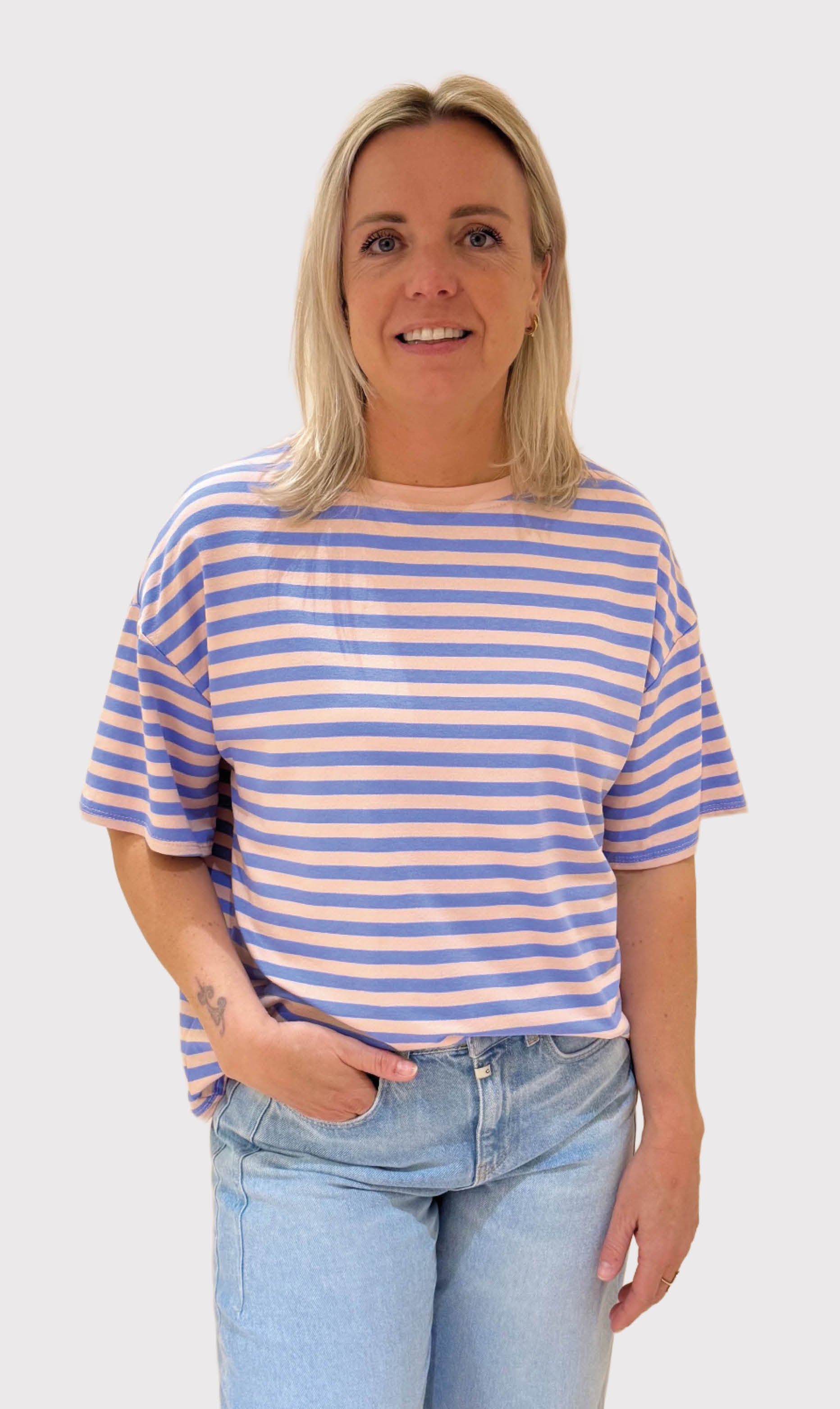 Streep shirt sylvie korte mouw roze/blauw