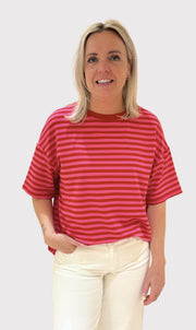 Streep shirt sylvie korte mouw rood/roze