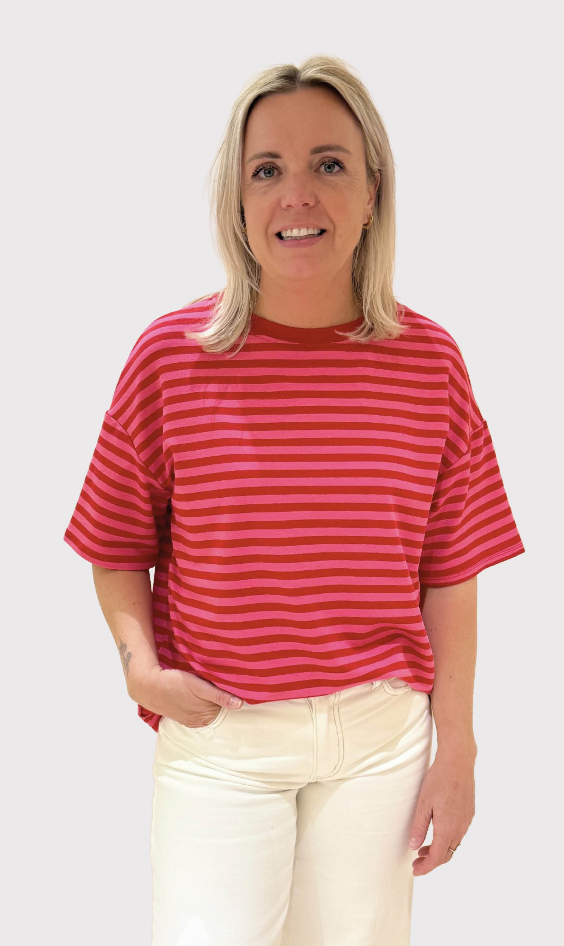 Streep shirt sylvie korte mouw rood/roze