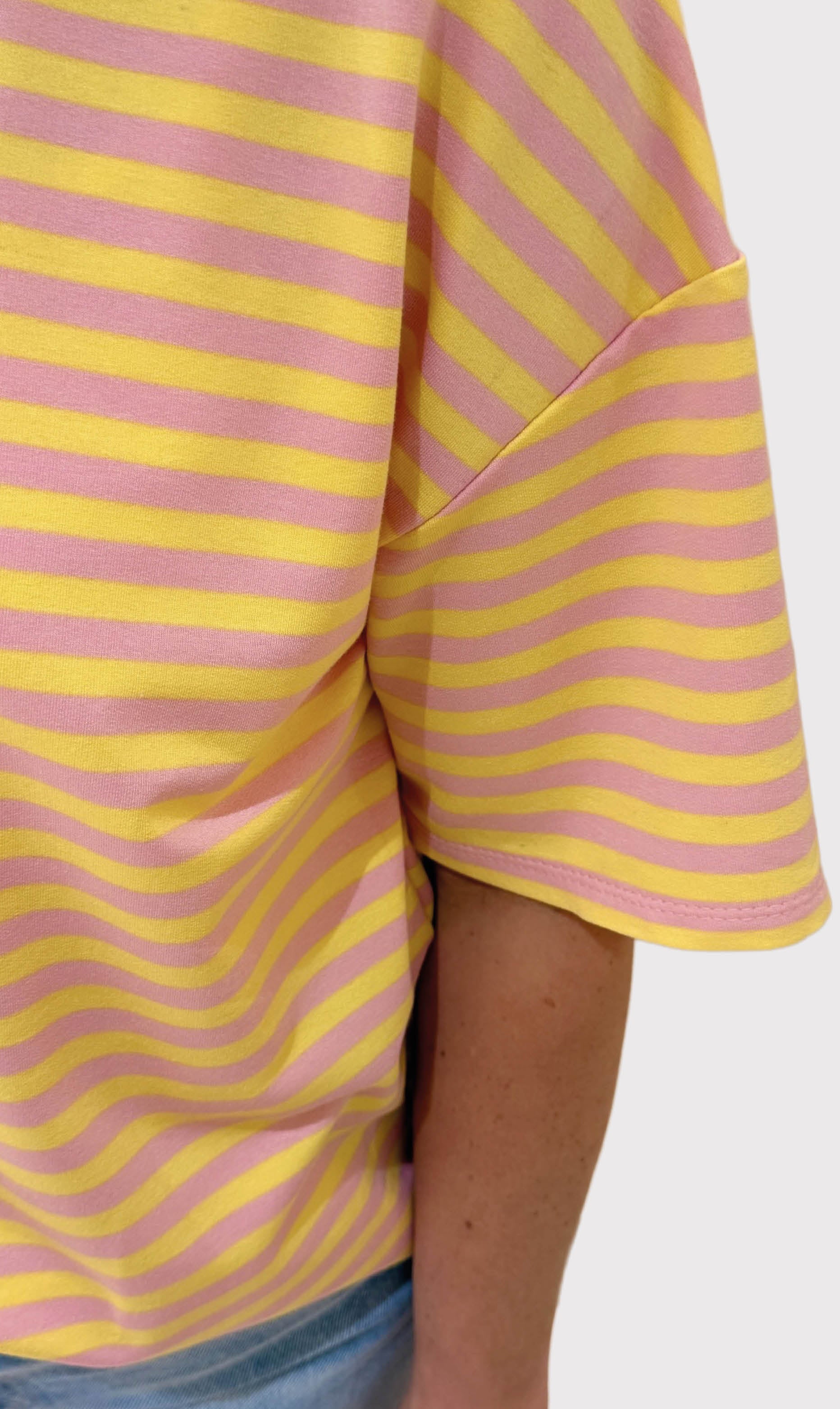 Streep shirt sylvie korte mouw roze/geel
