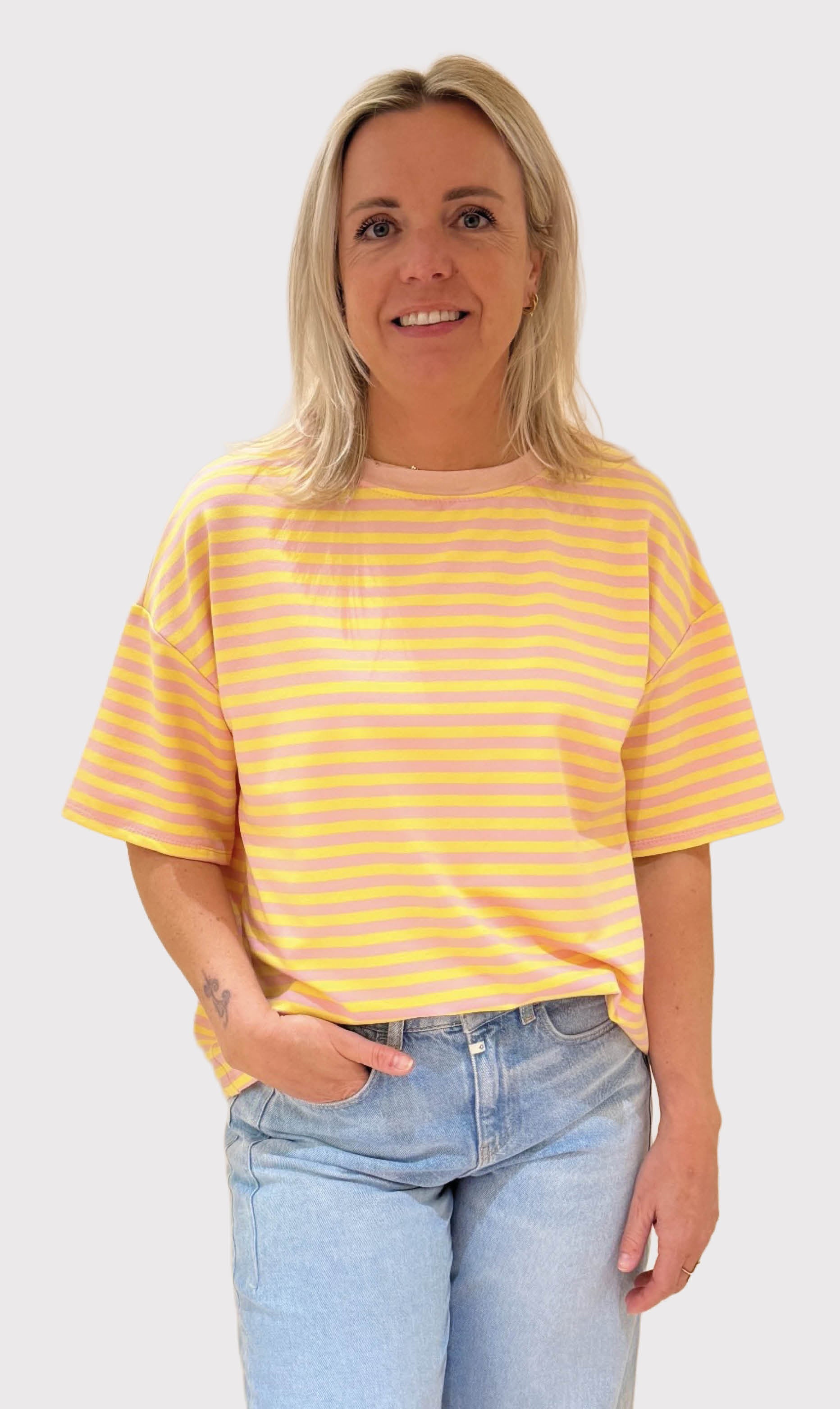 Streep shirt sylvie korte mouw roze/geel