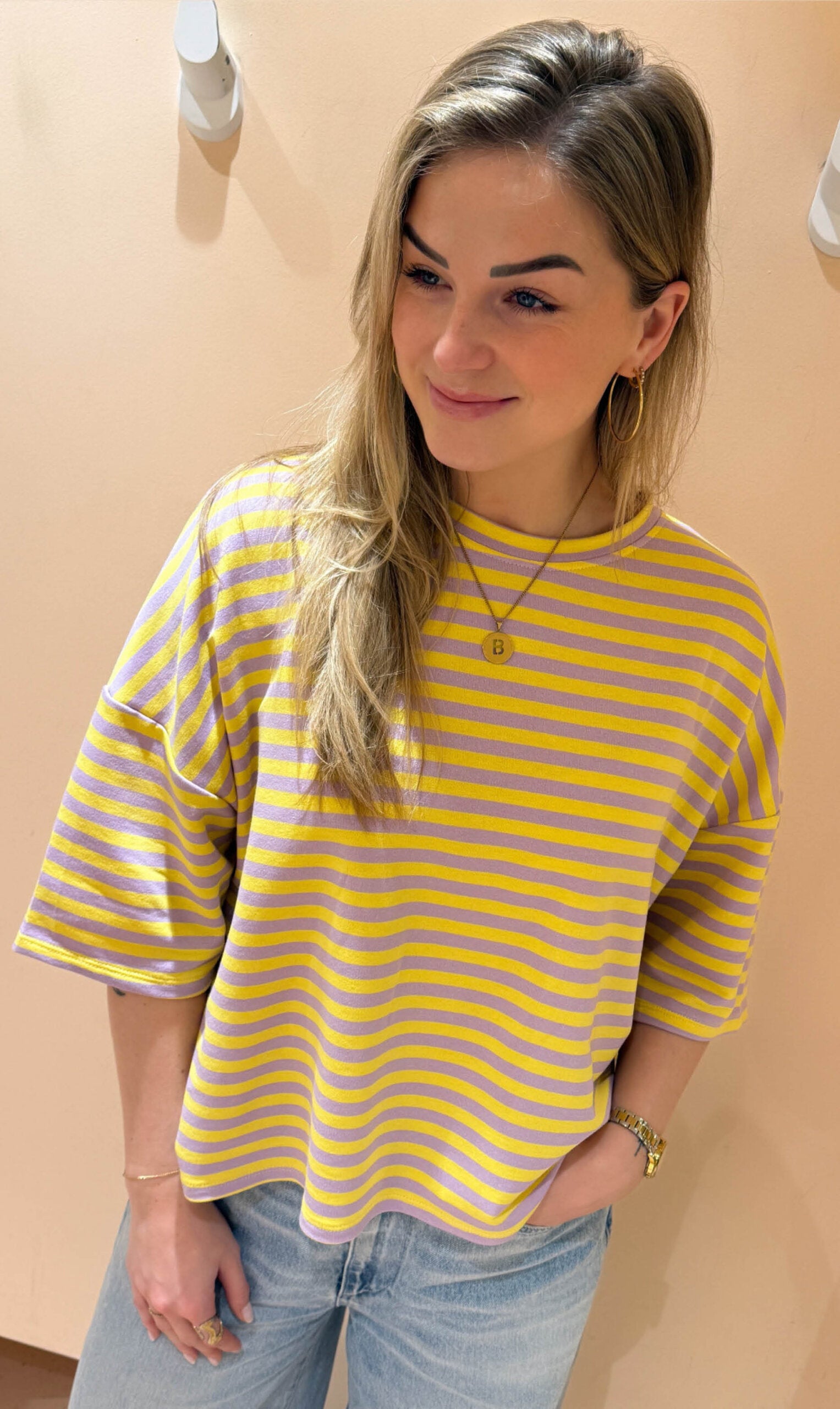 Streep top lexy korte mouw lila/geel