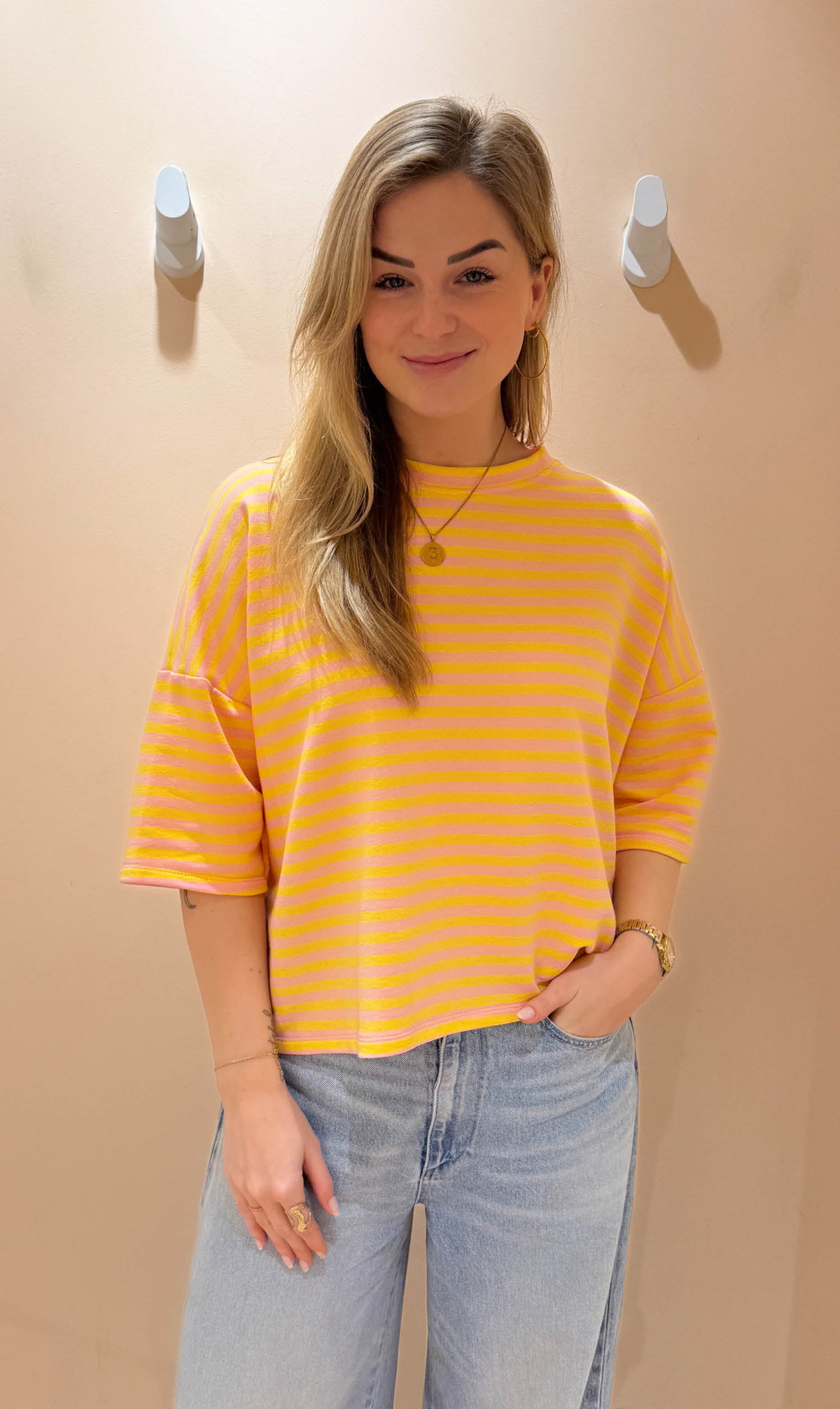 Streep top lexy korte mouw roze/geel