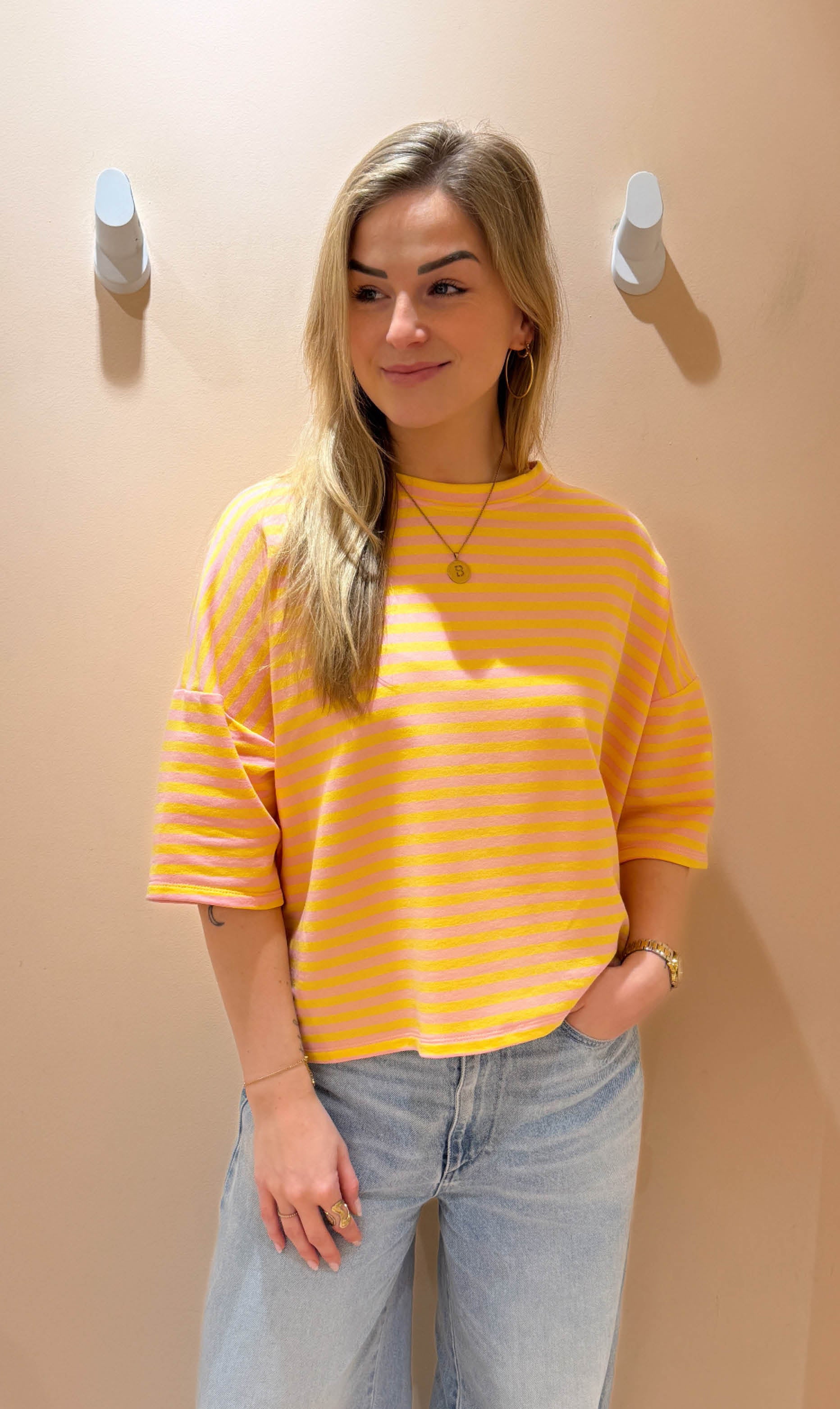 Streep top lexy korte mouw roze/geel