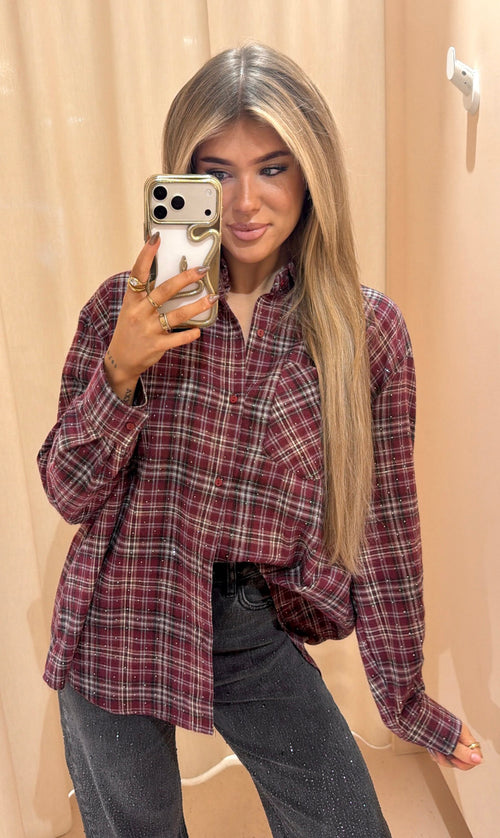 Ruit blouse ruby rood strass