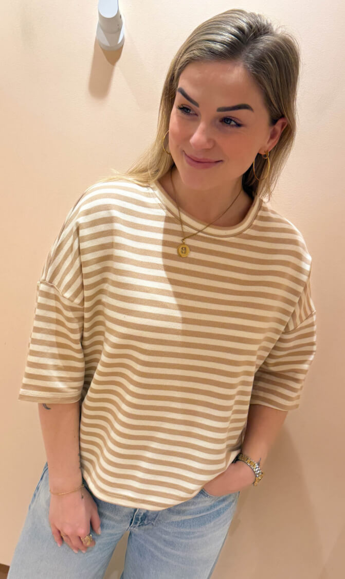 Streep top lexy korte mouw beige