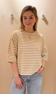 Streep top lexy korte mouw beige