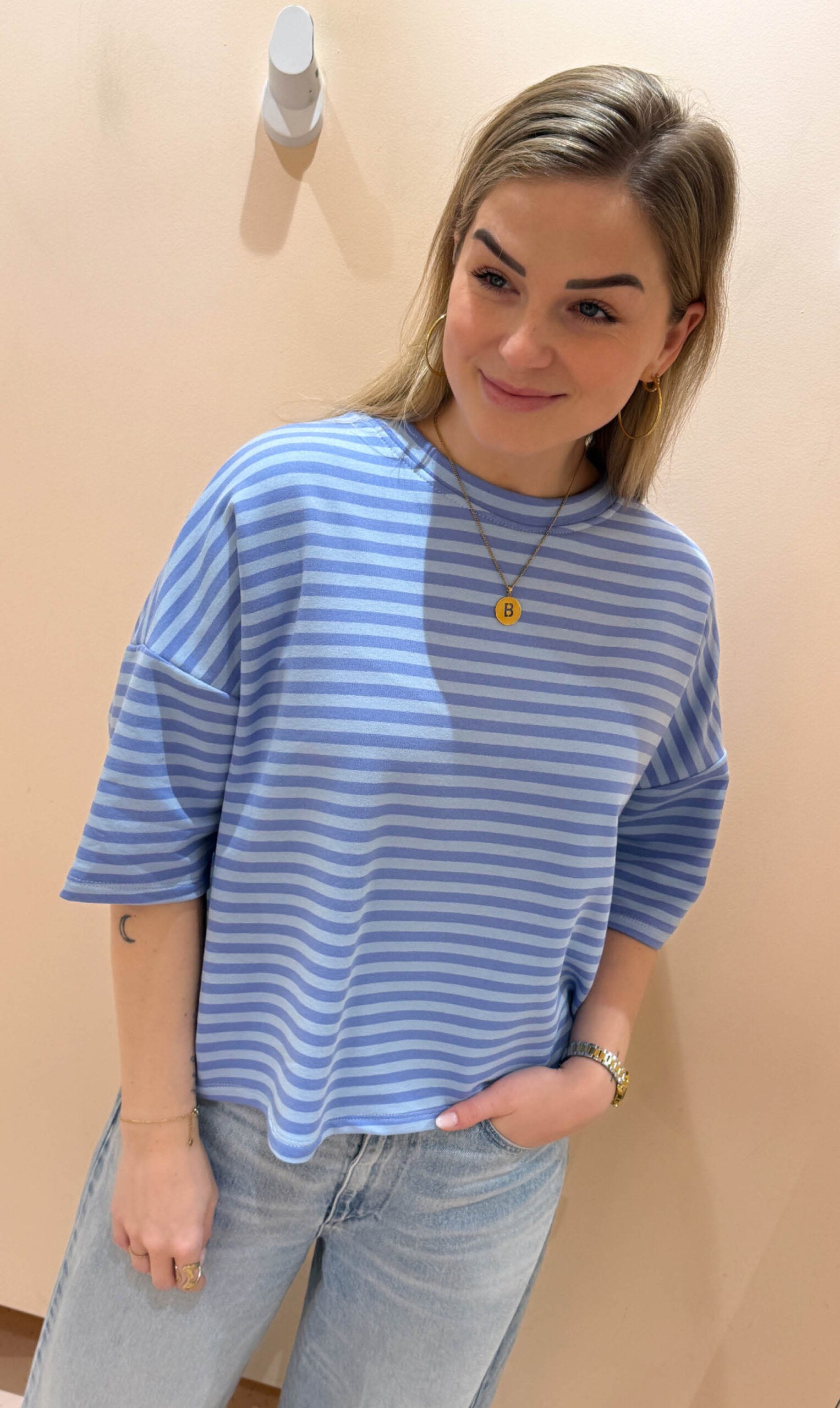 Streep top lexy korte mouw blauw