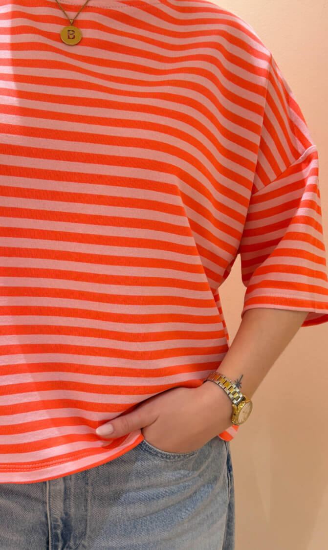 Streep top lexy korte mouw coral