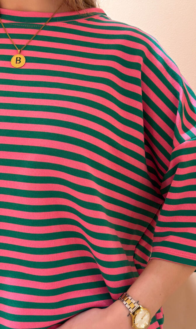 Streep top lexy korte mouw fuchsia/groen