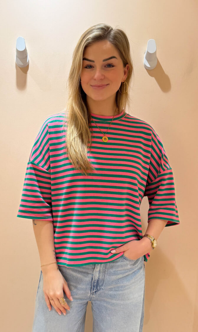 Streep top lexy korte mouw fuchsia/groen
